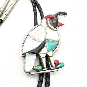 Vintage Native American Zuni Quail Inlay Gemstone Sterling Silver Bolo Tie